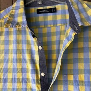Nautica Men's Blue and Yellow Checkered Shirt XL